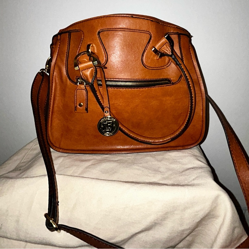 London Fog Tan Leather Tote with Gold Accents and crossbody strap. - Picture 2 of 10